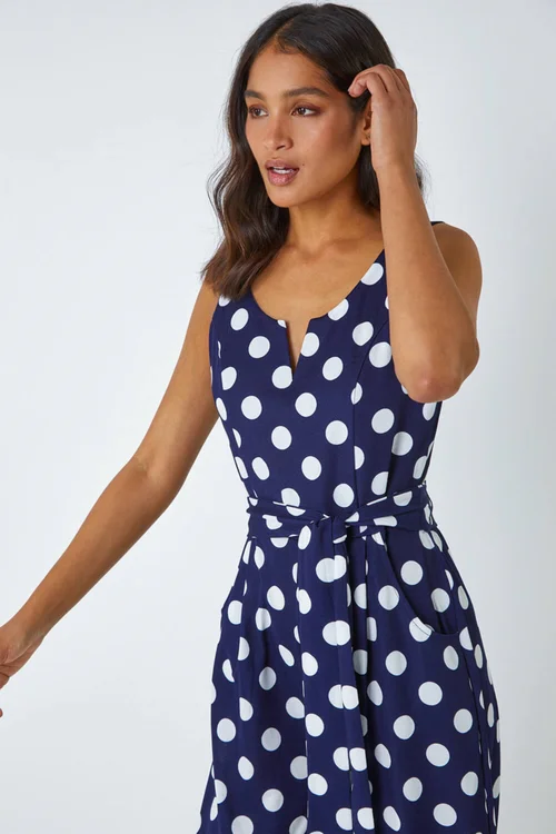Roman Navy Spot Print Belted Jumpsuit - Size 6 Image 4