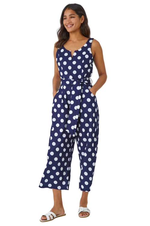 Roman Navy Spot Print Belted Jumpsuit - Size 6 Image 1