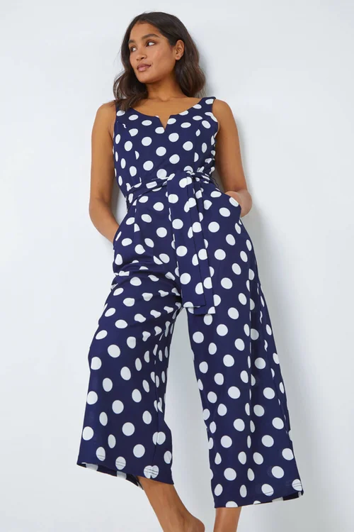 Roman Navy Spot Print Belted Jumpsuit - Size 6 Image 2