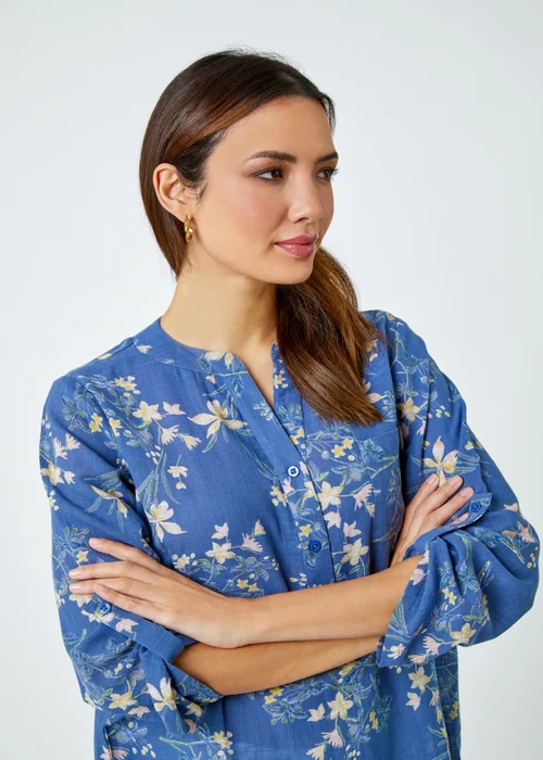 Roman Blue Cotton Floral Print V-Neck Overshirt - Size 12 Image 4