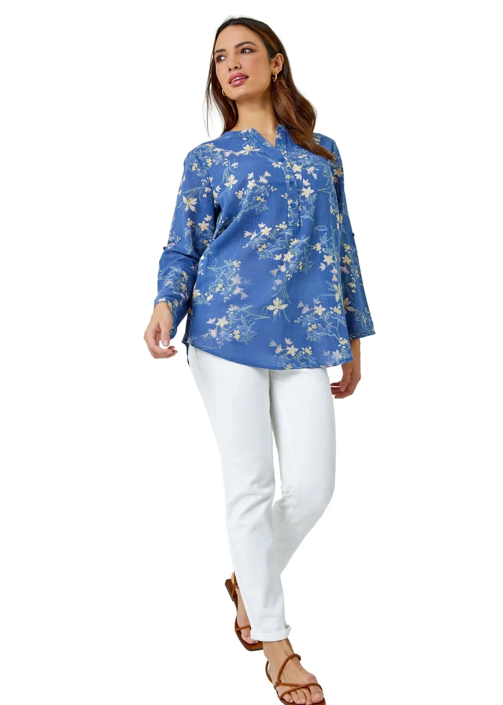 Roman Blue Cotton Floral Print V-Neck Overshirt - Size 12 Image 2