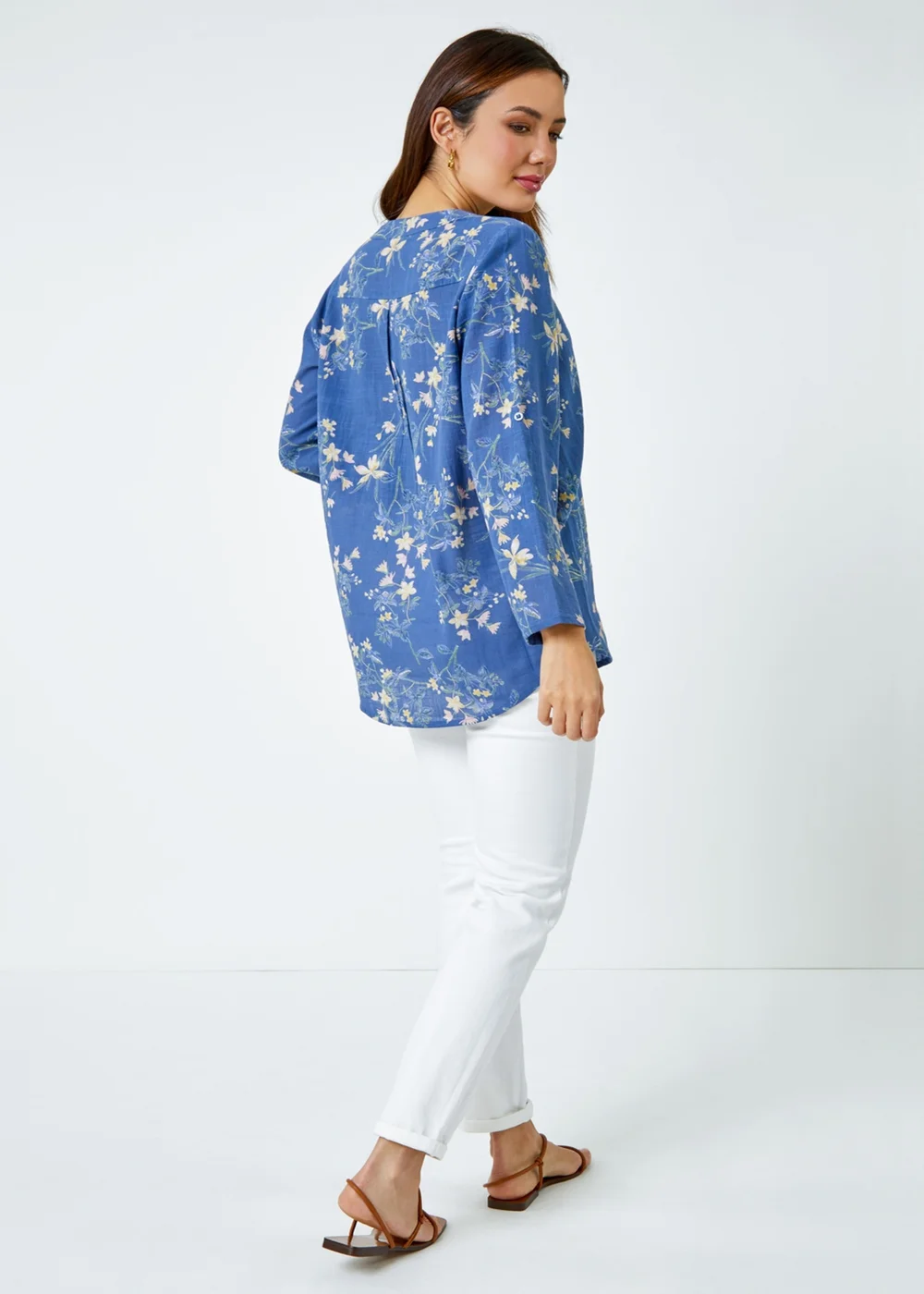 Roman Blue Cotton Floral Print V-Neck Overshirt - Size 12 Image 3