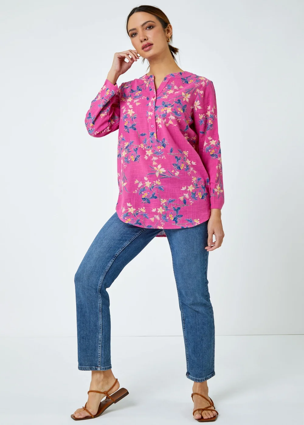 Roman Pink Cotton Floral Print V-Neck Overshirt - Size 26 Image 4