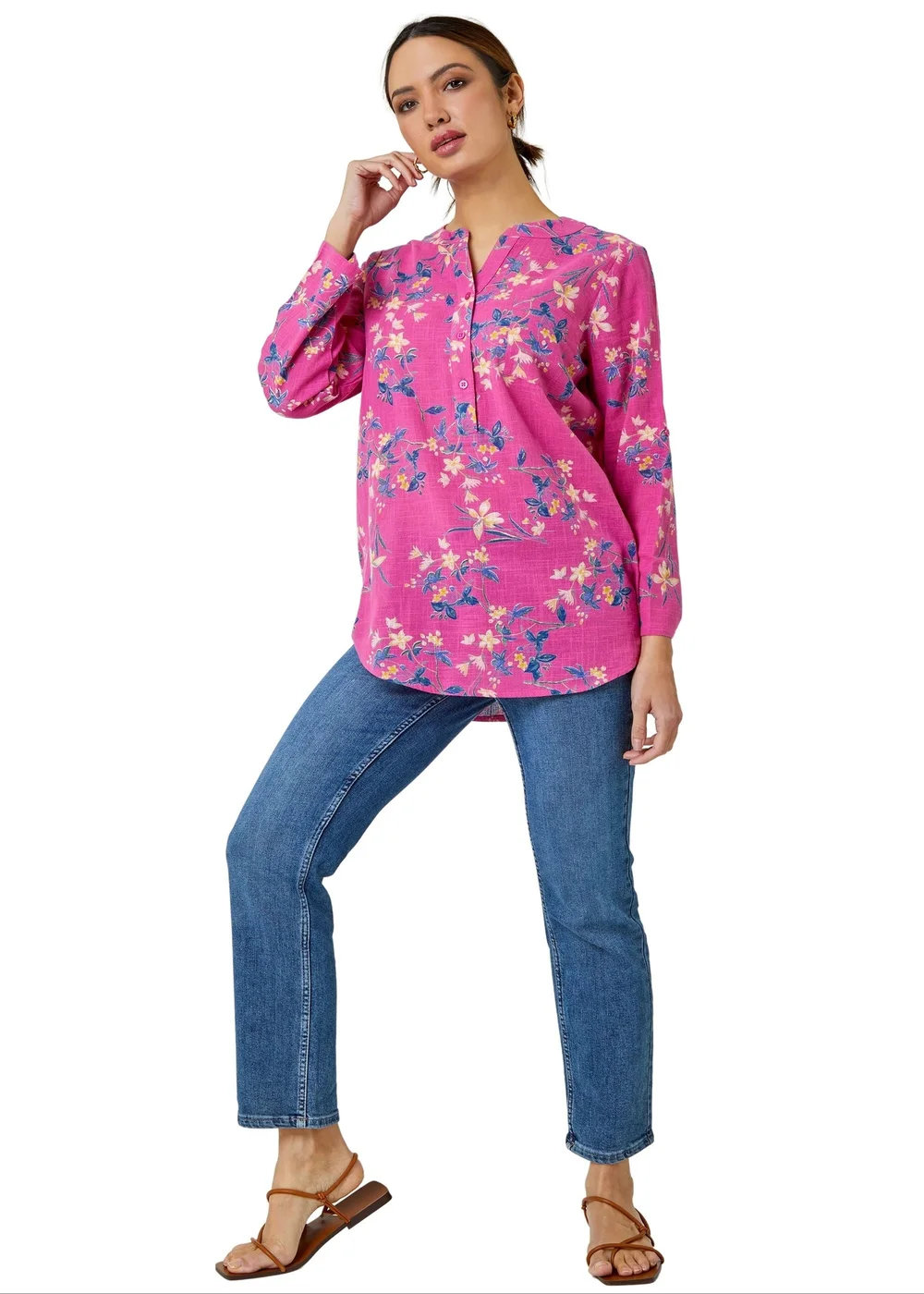 Roman Pink Cotton Floral Print V-Neck Overshirt - Size 26 Image 1
