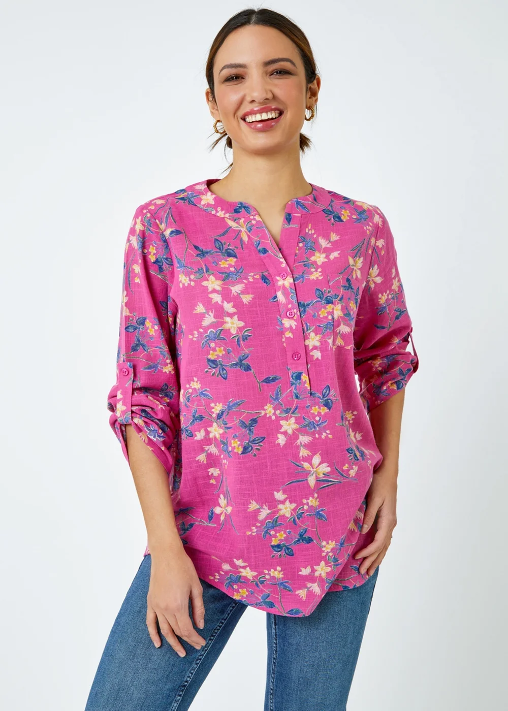 Roman Pink Cotton Floral Print V-Neck Overshirt - Size 26 Image 3