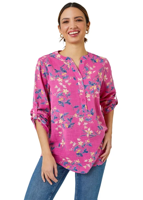 Roman Pink Cotton Floral Print V-Neck Overshirt - Size 26 Image 2