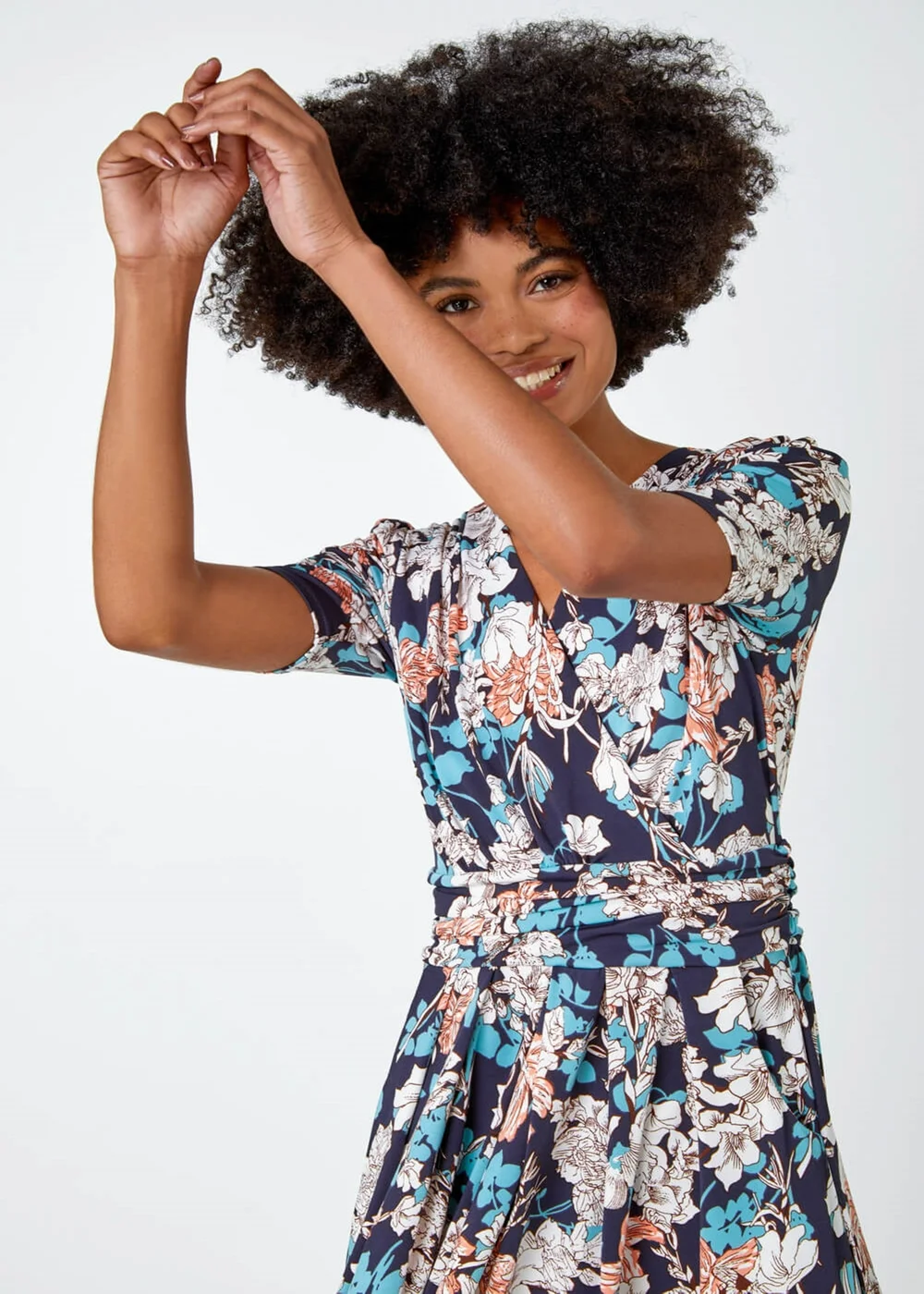 Roman Teal Floral Print Ruched Waist Wrap Dress - Size 18 Image 3