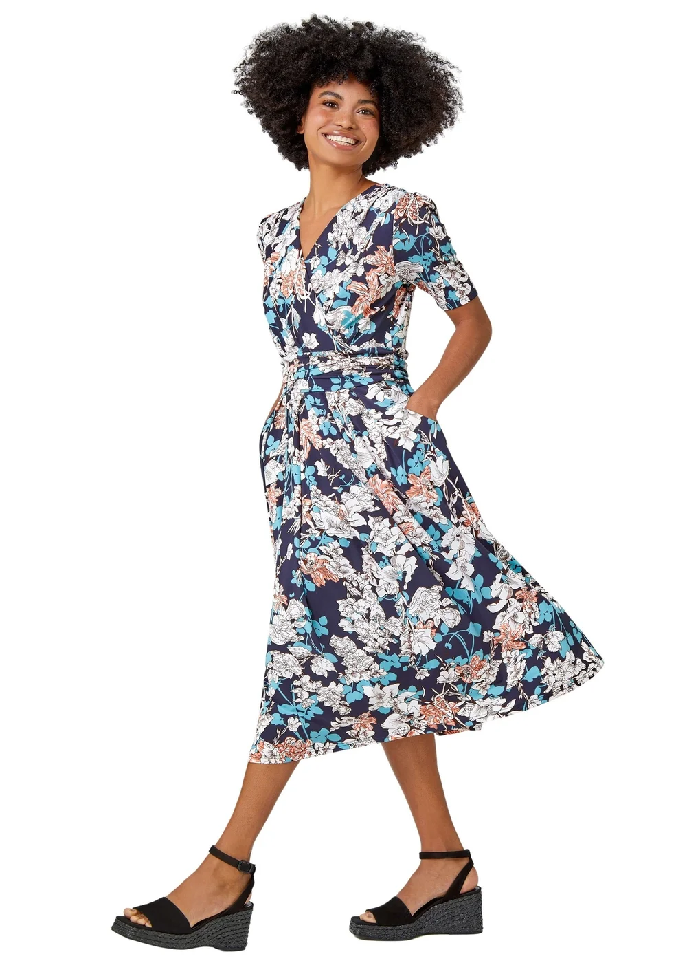 Roman Teal Floral Print Ruched Waist Wrap Dress - Size 18 Image 2