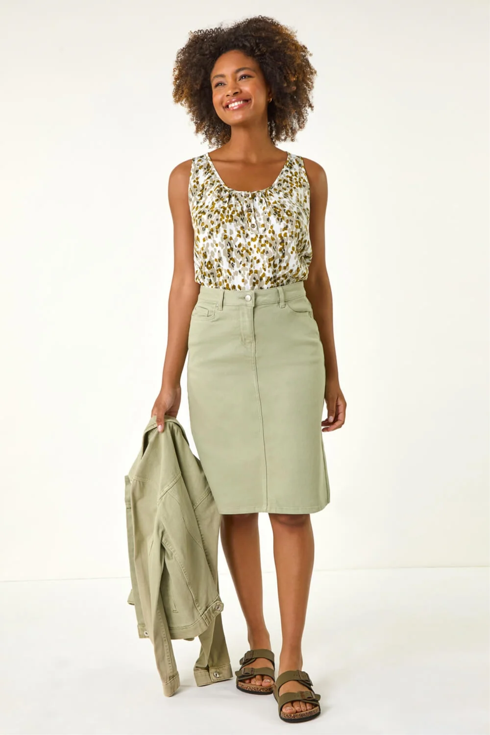 Roman Sage Cotton Denim Stretch A line Skirt - 10 Image 4