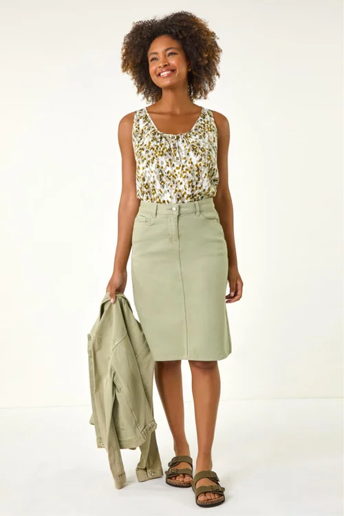 Roman Sage Cotton Denim Stretch A line Skirt - 10 Image 4