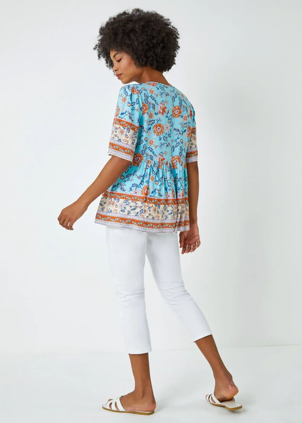 Roman Blue Floral Border Print Tassel Detail Top - 6 Image 4