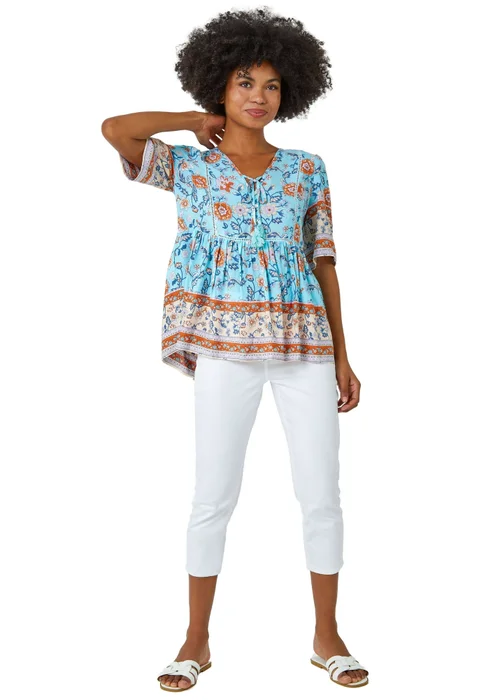 Roman Blue Floral Border Print Tassel Detail Top - 6 Image 2