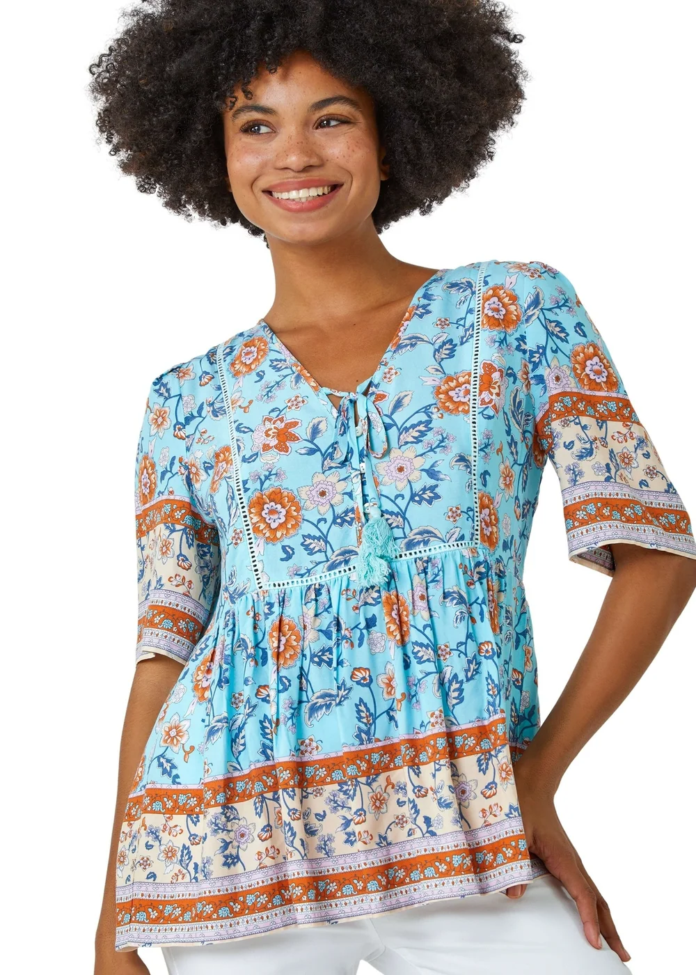 Roman Blue Floral Border Print Tassel Detail Top - 6 Image 1