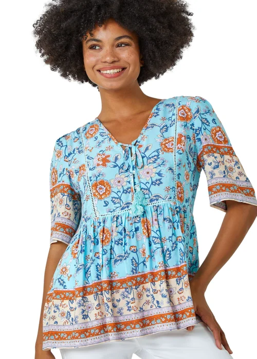 Roman Blue Floral Border Print Tassel Detail Top - 6 Image 1