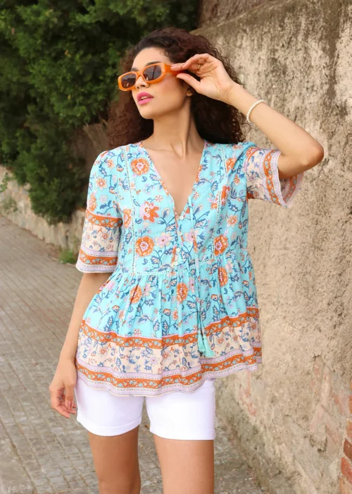 Roman Blue Floral Border Print Tassel Detail Top - 6 Image 3