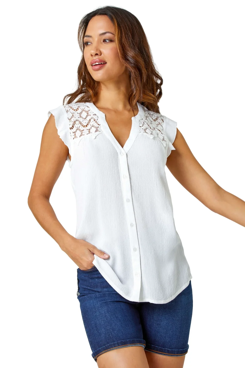 Roman Ivory Sleeveless Lace Detail Blouse - 6 Image 1