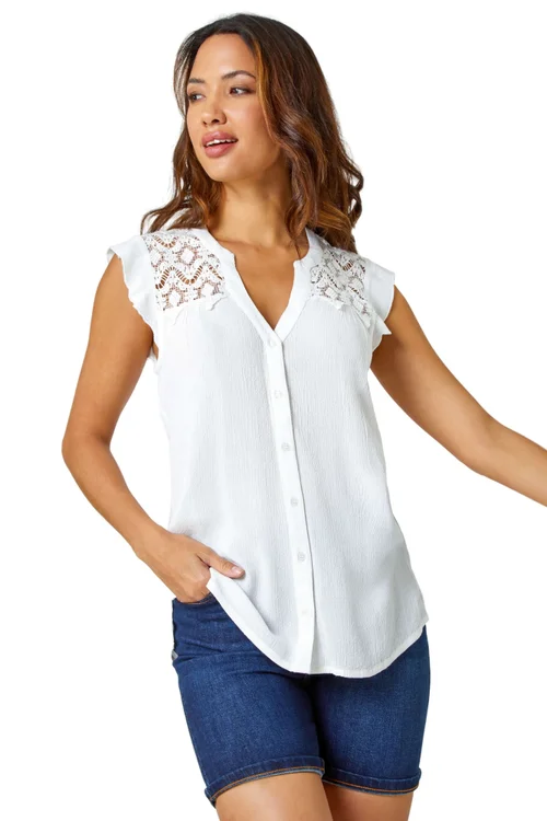 Roman Ivory Sleeveless Lace Detail Blouse - 6 Image 1