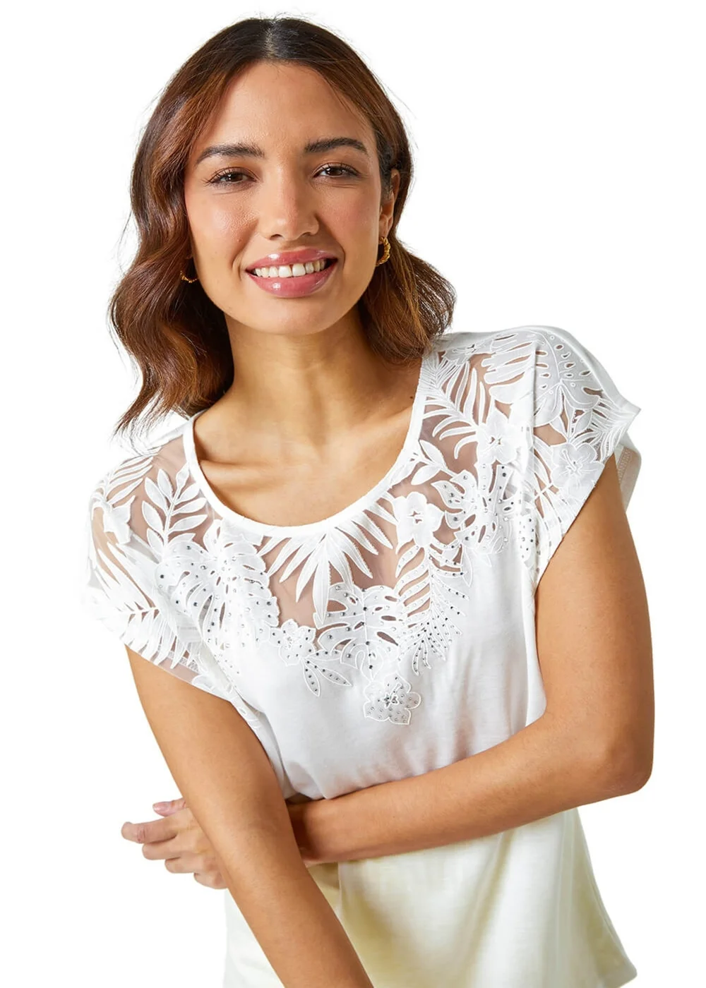 Roman Ivory Sparkle Palm Print Cut Out T-Shirt - 6 Image 2