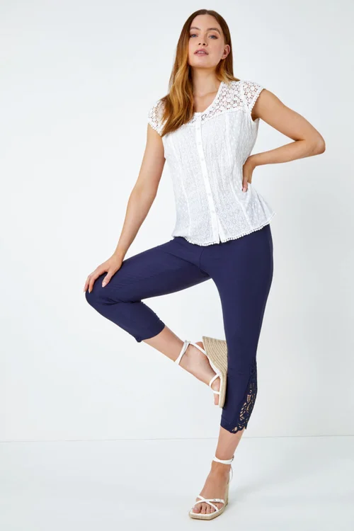 Roman Navy Lace Insert Elastic Waist Crop Trousers - 10 Image 2