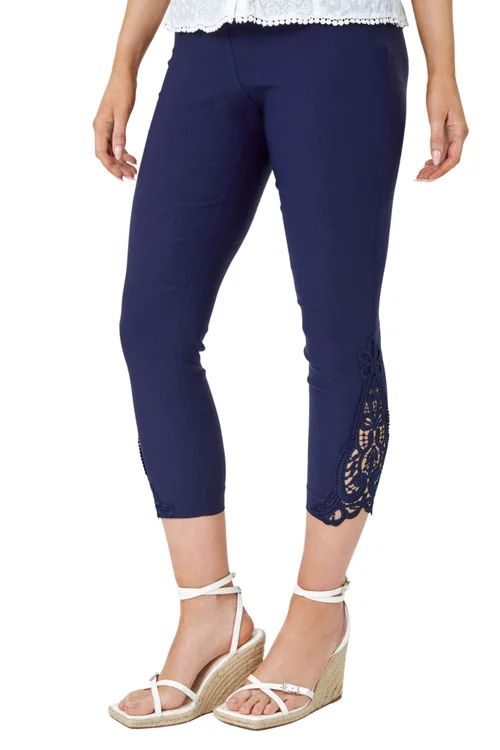Roman Navy Lace Insert Elastic Waist Crop Trousers - 10 Image 1