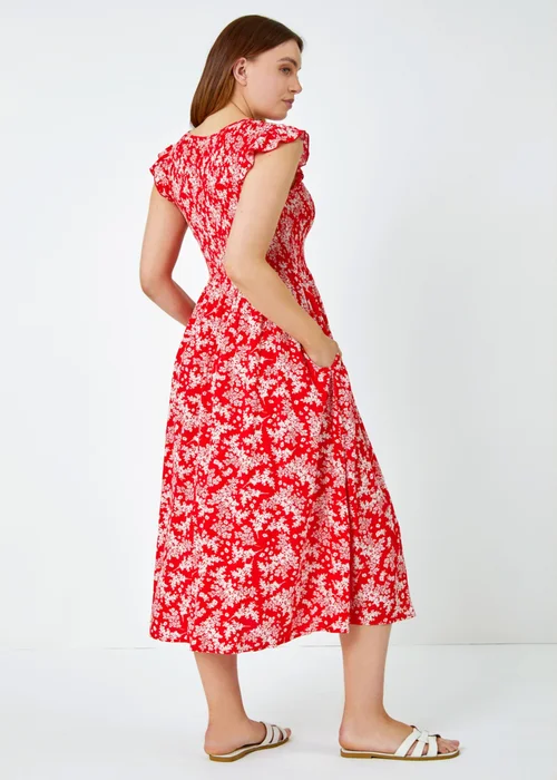 Roman Red Floral Print Shirred Midi Dress - 6 Image 4