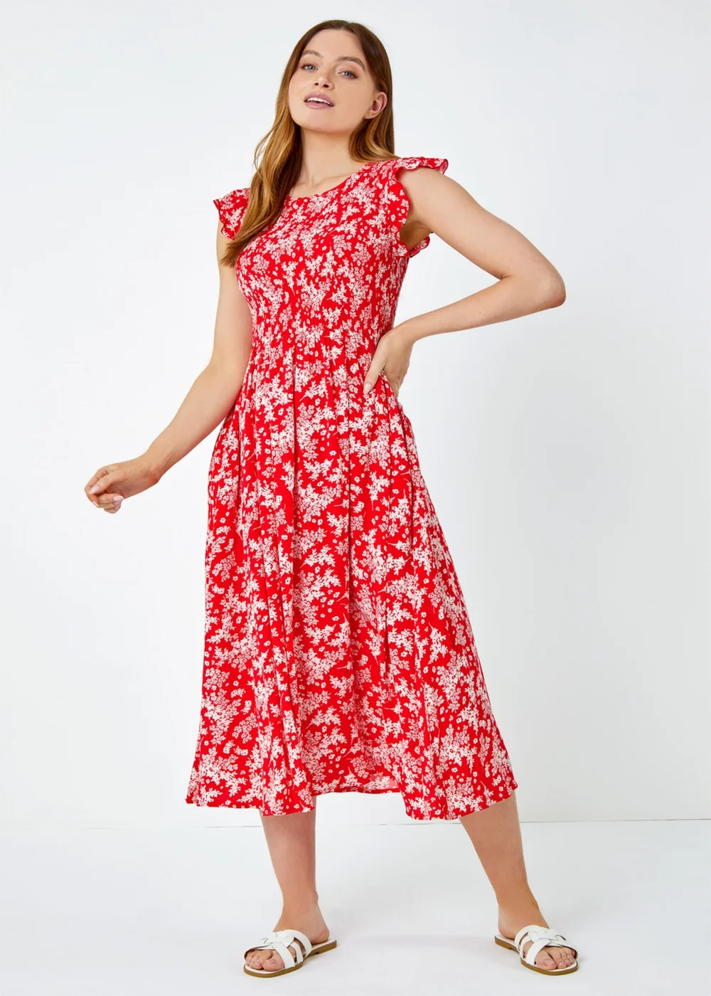 Roman Red Floral Print Shirred Midi Dress - 6 Image 3