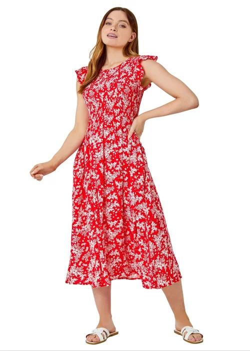 Roman Red Floral Print Shirred Midi Dress - 6 Image 2