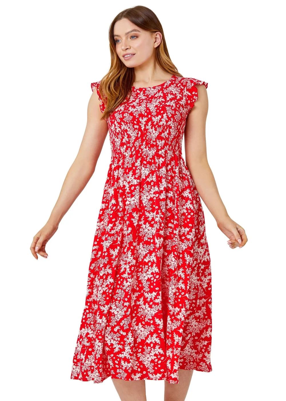 Roman Red Floral Print Shirred Midi Dress - 6 Image 1