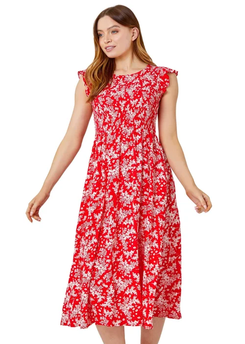 Roman Red Floral Print Shirred Midi Dress - 6 Image 1