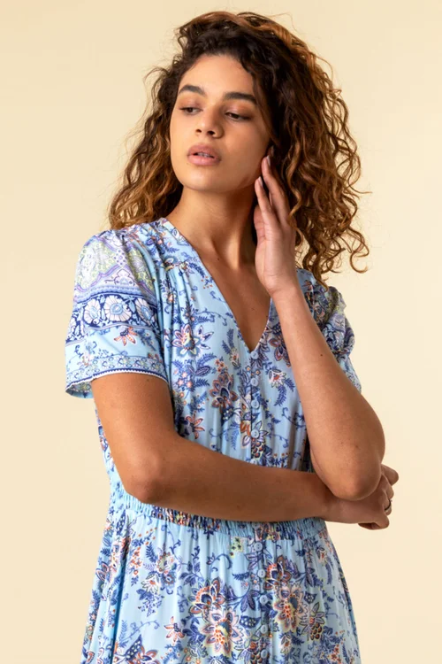 Roman Blue Floral Print Shirred Waist Maxi Dress - 10 Image 4