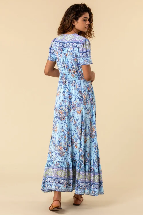 Roman Blue Floral Print Shirred Waist Maxi Dress - 10 Image 2