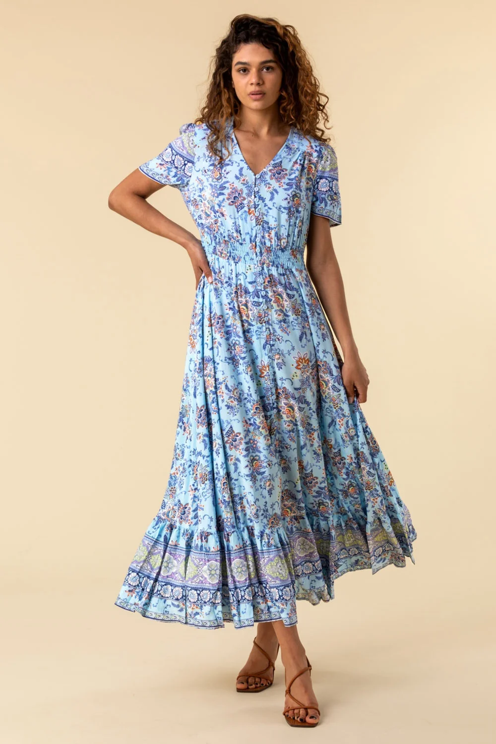 Roman Blue Floral Print Shirred Waist Maxi Dress - 10 Image 3