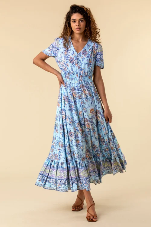 Roman Blue Floral Print Shirred Waist Maxi Dress - 10 Image 3