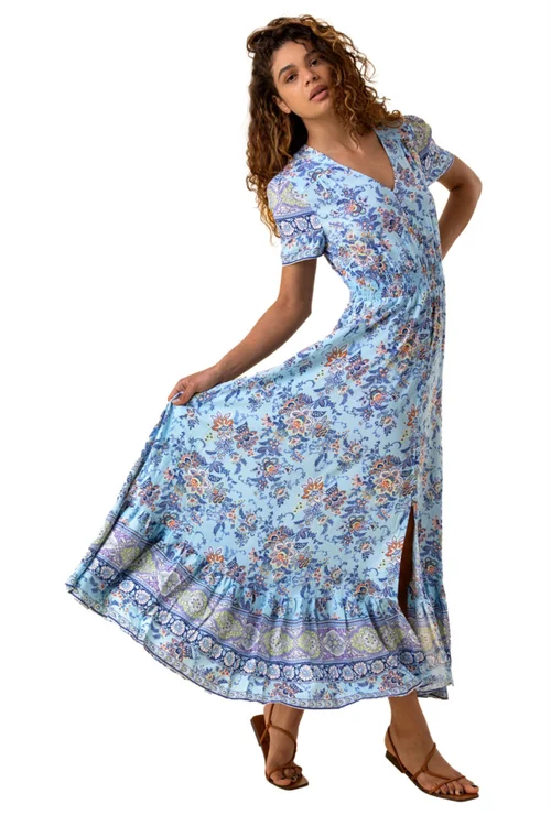 Roman Blue Floral Print Shirred Waist Maxi Dress - 10 Image 1
