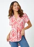 Roman Pink Linear Floral Print V-Neck Pleat Front Top - Size 14 Image 2