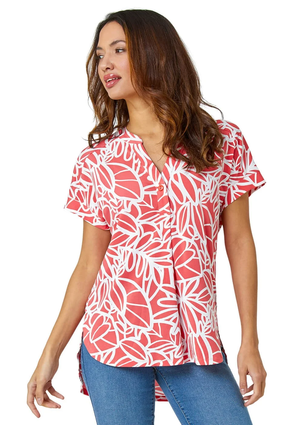 Roman Pink Linear Floral Print V-Neck Pleat Front Top - Size 14 Image 1