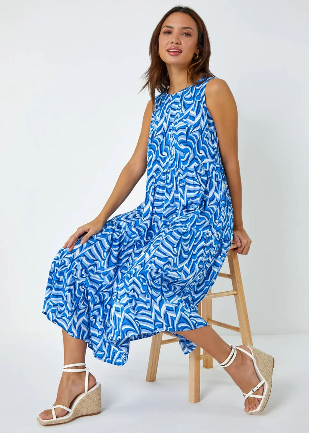 Roman Blue Sleeveless Geometric Print Smock Dress - 6 Image 3
