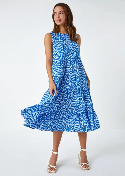 Roman Blue Sleeveless Geometric Print Smock Dress - 6 Image 4