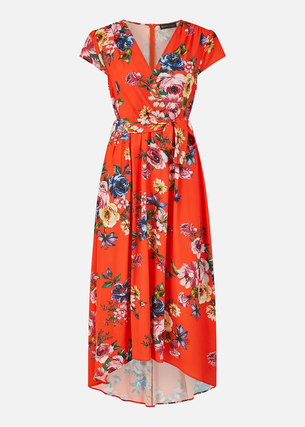 Mela Orange Floral Wrap Dip Hem Dress - 8 Image 4