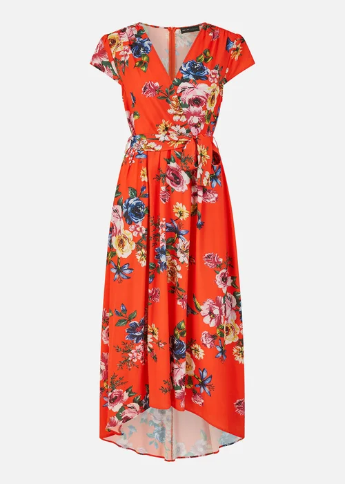 Mela Orange Floral Wrap Dip Hem Dress - 8 Image 4