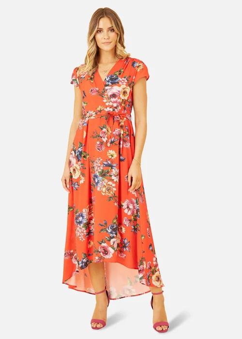 Mela Orange Floral Wrap Dip Hem Dress - 8 Image 1
