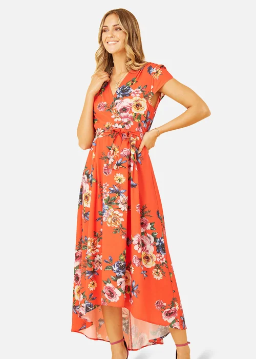 Mela Orange Floral Wrap Dip Hem Dress - 8 Image 3