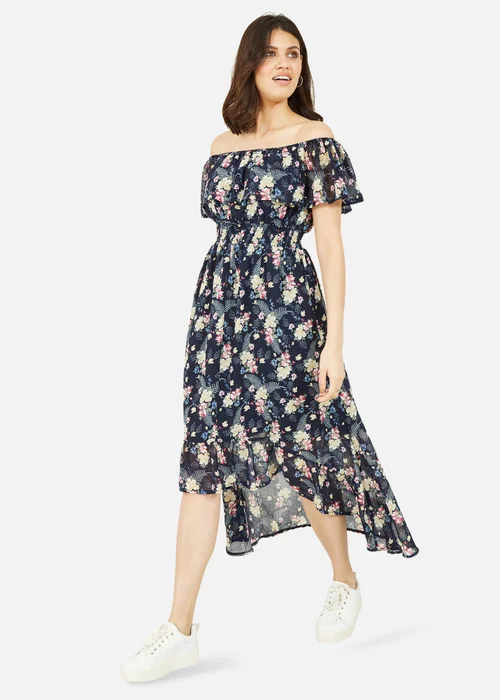 Mela Navy Tropical Printed Dipped Hem Bardot Dress - 8 Image 1