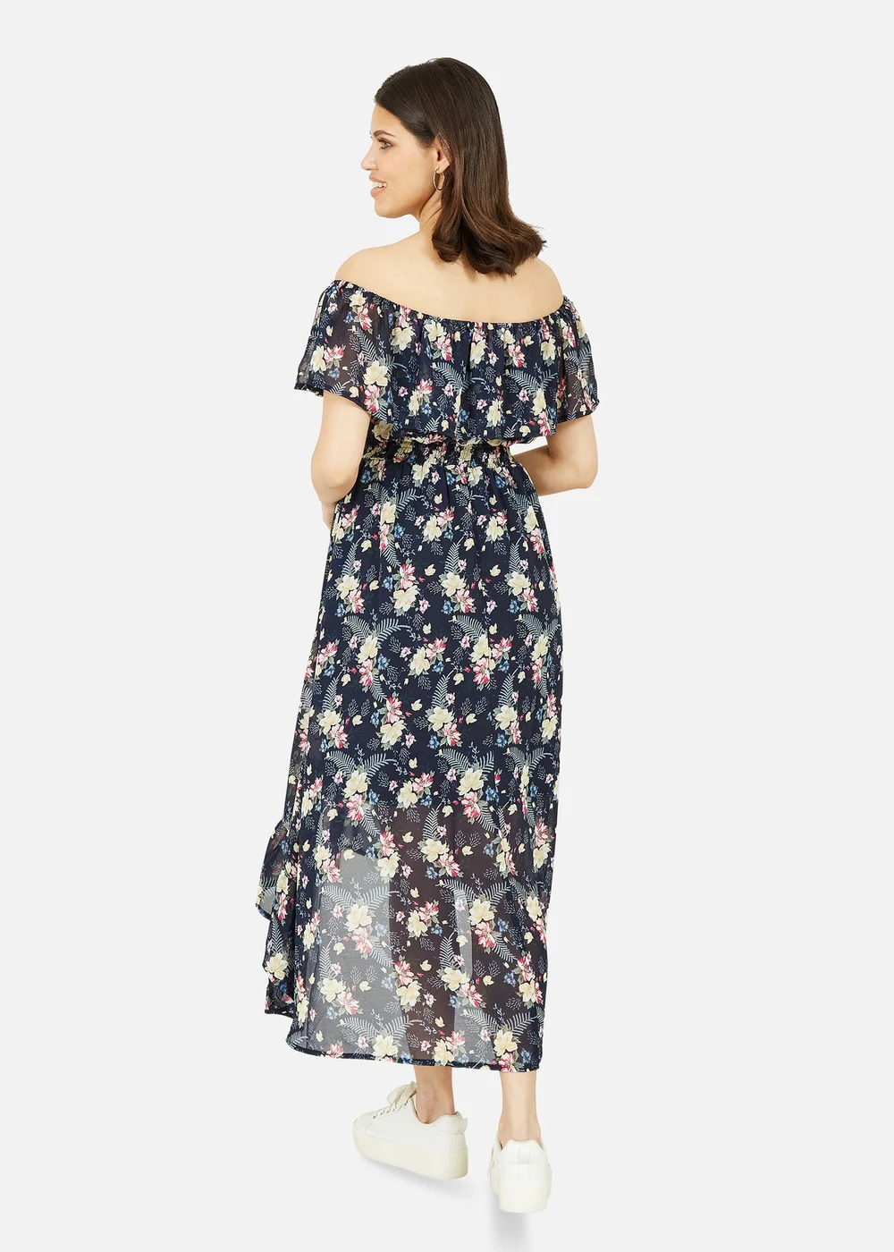 Mela Navy Tropical Printed Dipped Hem Bardot Dress - 8 Image 3