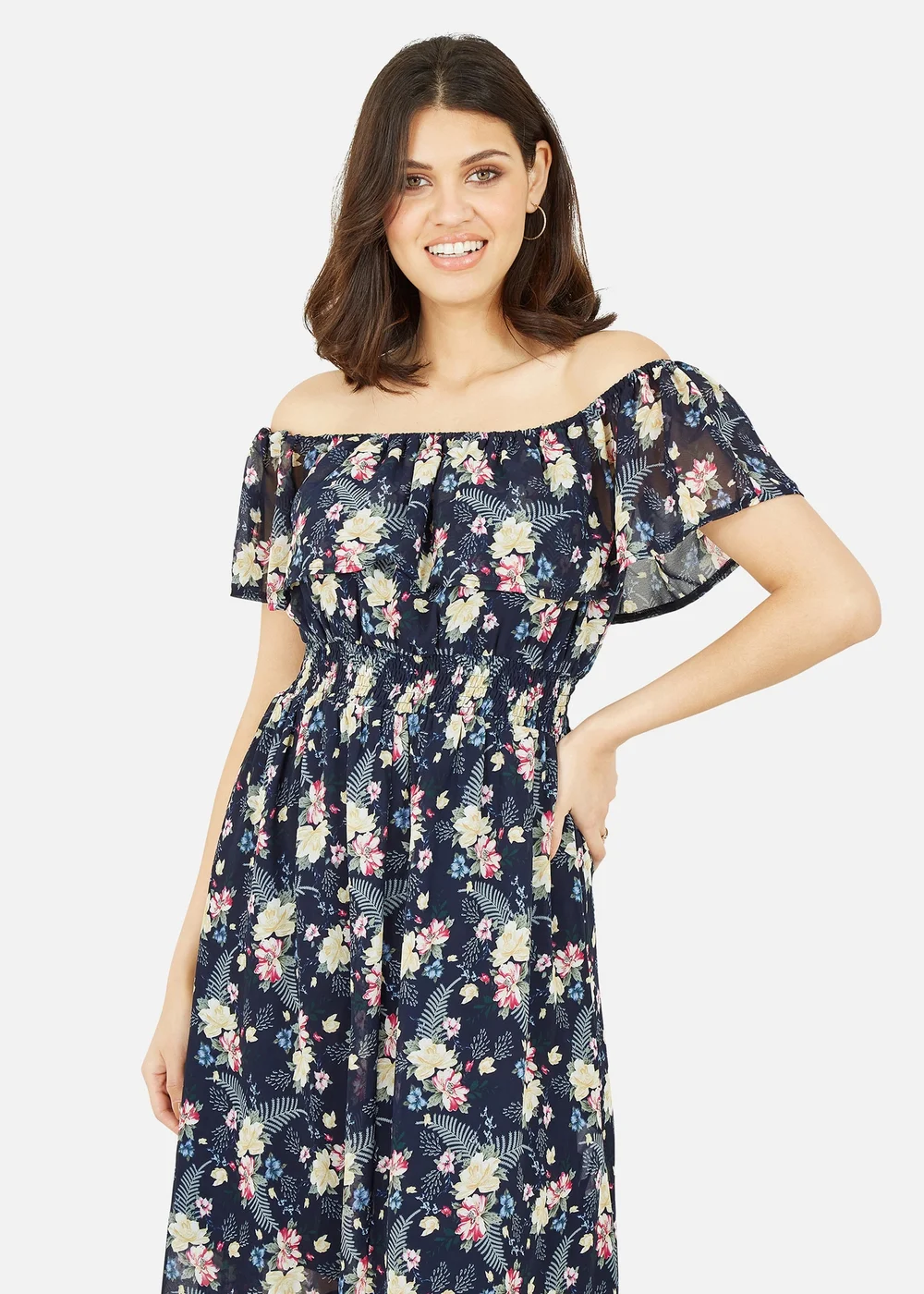 Mela Navy Tropical Printed Dipped Hem Bardot Dress - 8 Image 2
