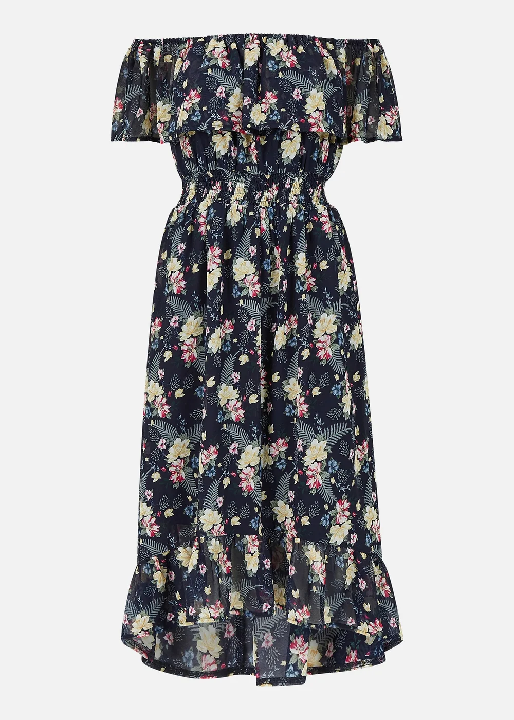 Mela Navy Tropical Printed Dipped Hem Bardot Dress - 8 Image 4