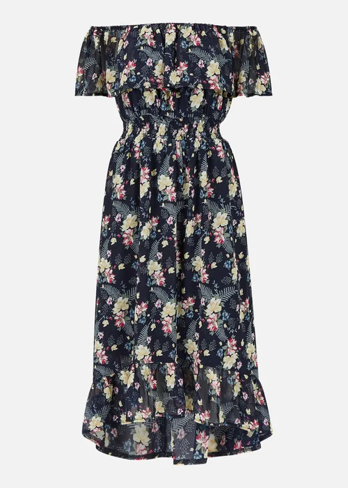 Mela Navy Tropical Printed Dipped Hem Bardot Dress - 8 Image 4
