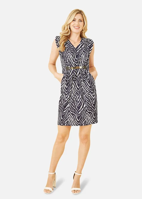 Mela Navy Zig Zag Jersey Pocket Dress With Gold Bar Detail - 8 Image 2