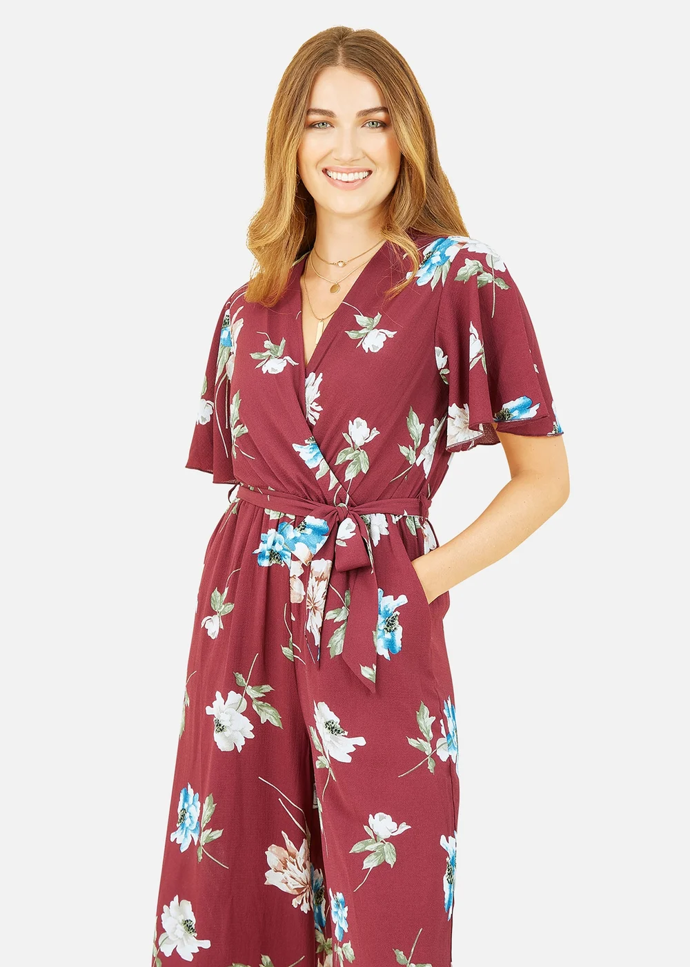 Mela Burgundy Floral Print Jumpsuit With Angel Sleeves - Size 8 Image 2