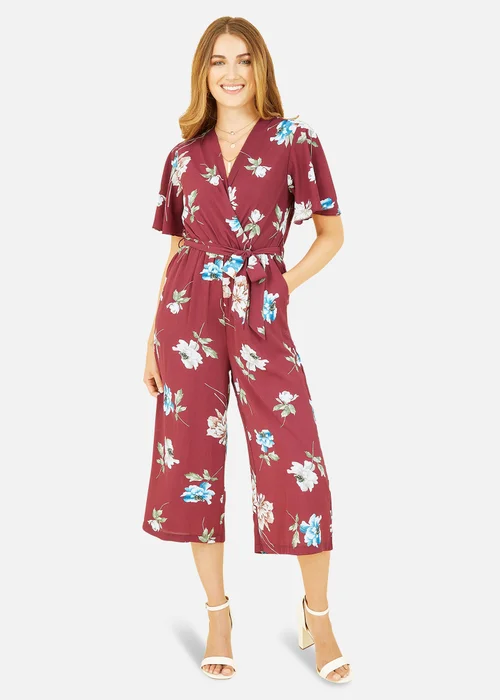 Mela Burgundy Floral Print Jumpsuit With Angel Sleeves - Size 8 Image 1